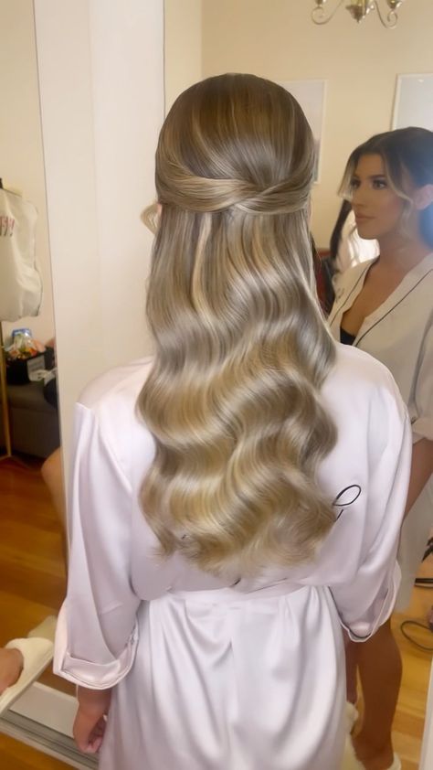 ellasbridalhair on Instagram: Half up half down for these bridesmaids - - - Make up by @nnadinehaddad - - - #vintaghair #vintagewave #waves #bridalhair #bridal… Bride And Bridesmaids Hair, Half Up Half Down Upstyle, Rehearsal Dinner Hair For Bride Half Up Half Down, Simple Bridal Half Up Half Down, Bridal Half Up Ponytail, Quarter Up Wedding Hair, Wedding Hollywood Waves With Veil, Long Sleeve Wedding Dress Hairstyle, Long Bridal Hair Half Up