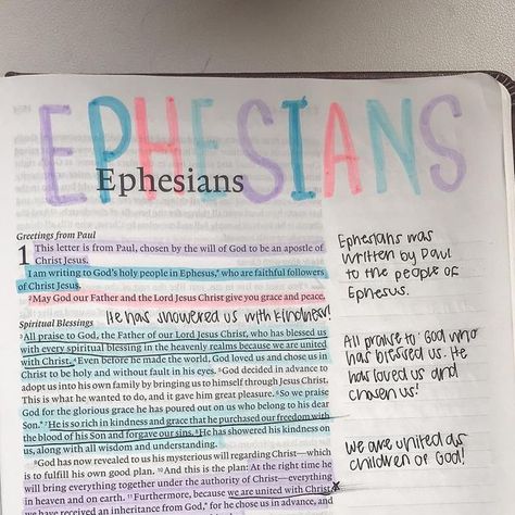 the loving bible | bible studies & christian shop on Instagram: "the book of Ephesians was written by Paul in AD 60-62 to Christians in Ephesus. Paul wrote Ephesians from a prison in Rome. Ephesians mainly outlines about how to live for Jesus and to help encourage the reader in their spiritual walk.   Paul starts the letter by giving praise to God, for He has blessed us with every spiritual blessing. We praise God for his grace and kindness. In only Him, we find eternal life.  "Furthermore, because we are united with Christ, we have received an inheritance from God, for he chose in advance and he makes everything work out according to his plan." Ephesians 1:11  Paul thanks God for the Ephesians' strong faith in Jesus. Paul prays that their hearts will be given spiritual wisdom so they may Praise To God, Book Of Ephesians, Only Him, Thanks God, Ephesians 1, Study Notebook, Bible Study Notebook, Strong Faith, Bible Studies