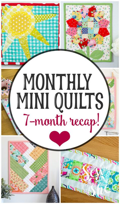 Monthly Mini Quilt Series Recap - 7 free mini quilt patterns! Scrappy Mini Quilts, Mini Quilt Patterns Wall Hangings, Mini Quilts Miniatures, Free Mini Quilt Patterns Wall Hangings, Miniature Quilts Minis Free Pattern, Mini Quilts Patterns Free Simple, Mini Quilt Patterns Free, Doll Quilt Patterns Free, Miniature Quilts Patterns Free