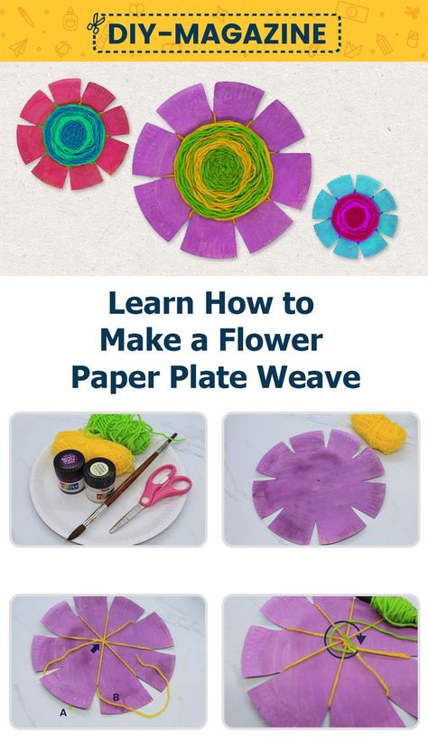 Teach your kids how to weave with this paper plate flower! Not only will this craft teach your kids how to weave, but it will also teach your kids the value of patience. What’s also fantastic about this activity is that this flower craft can be displayed as a beautiful decoration around the house. Paper Plate Yarn Weaving, Paper Weaving Kindergarten, Circle Weaving For Kids, Paper Plate Flower Weaving, Paper Plate Weaving, Paper Plate Flowers, Weaving Flowers, Woven Flowers, Weaving For Kids