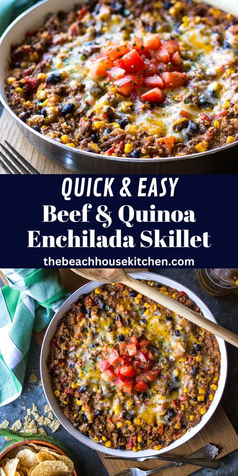 This super simple Beef and Quinoa Enchilada Skillet is high on flavor, low on effort, and sure to become a weeknight family favorite! Quinoa And Beef Recipes, Beef And Quinoa Recipes, Ground Beef And Quinoa Recipes, Ground Beef Quinoa, Quinoa Enchilada Bake, Quinoa Enchilada, Enchilada Skillet, Simple Dinners, Beef Bowls