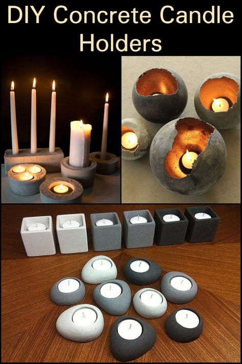 You can make these concrete candle holders using any container which can already be found in your home; empty juice jugs, soda bottles, lotion container, etc! Diy Rock Candle Holder, Cement Tea Light Holders Diy, Diy Concrete Candle, Diy Cement Candle Holders, Concrete Candle Holders Diy, Candle Holders Diy, Rock Candle Holder, Cement Candle Holders, Concrete Containers