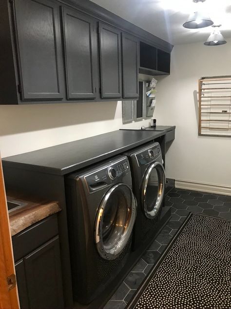 DIY laundry room update. Fresh paint, dark walnut natural edge sink counter, washer & dryer enclosure and pet dog bowl station. Washer Dryer Enclosure, Dog Bowl Station, Sink Counter, Laundry Room Update, Diy Laundry Room, Laundry Room Renovation, House Makeover, Laundry Room Diy, Diy Laundry