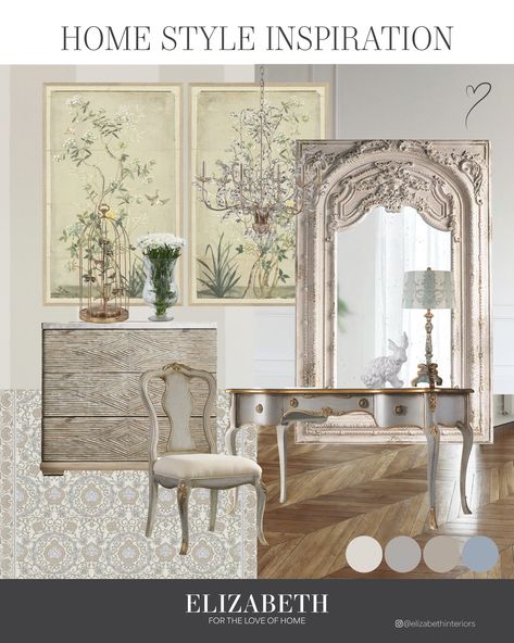 It's Interior Inspiration Thursday again and you know we LOVE a home styling mood board. We went very contemporary and modern in our last mood board, so this week we wanted to focus on a beautiful Classical French interior look. 🤍 This time around we used some last in-stock showroom items - some discontinued, some not. We thought they deserved to shine! You can find all these fabulous pieces in our showroom (except the matching desk chair but it can be ordered in), while supplies last. ✨ So... French Interior Mood Board, Mediterranean Interior Design Style Mood Board, Parisian Apartment Mood Board, French Chic Wardrobe Doors, Mood Board Interior Travertine, French Style Homes, French Interior, Desk Chair, Interior Design Inspiration