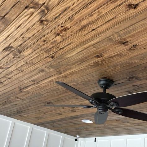 Oak Tongue And Groove Ceiling, Cedar Plank Ceiling Porch, Stained Wood Ceiling Porch, Tongue And Groove Stained Ceiling, Dark Tongue And Groove Ceiling, Pine Tongue And Groove Ceiling Stain, Tung And Groove Ceiling, Planking Ceiling, Pine Ceiling Stain Color