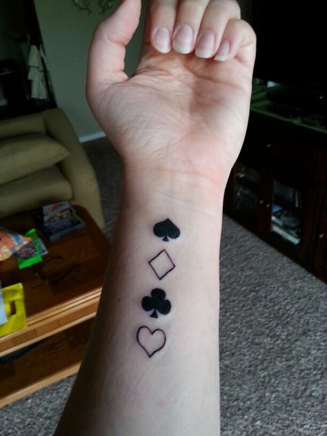 Spades, diamonds, clubs, hearts tattoo. Card Themed Tattoo, Sibling Card Tattoos, Spades Hearts Diamonds Clubs Tattoo, Heart Spade Diamond Club Tattoo, Playing Card Tattoo Ideas For Men, Club Tattoo Card, Suits Of Cards Tattoo, Playing Card Suits Tattoo, A Of Spades Tattoo