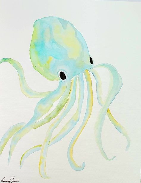 Soft, beautifully colored in blues, greens and yellows, this octopus invokes movement and wonder. Perfect for a beach, coastal, tropical or nautical home. Great housewarming gift or gift for the beach lover! 8.5x11 unframed. Painted with artist quality paints on artist quality paper. Finished with archival sealant. Recommend 11x14 frame with 8x10 mat. Under The Sea Artwork, Marine Life Painting, Octopus Watercolor Painting, Under The Sea Drawings, Octopus Watercolor, Coastal Watercolor, Octopus Painting, Sea Drawing, Sea Artwork