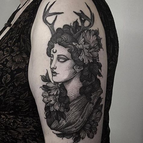 Tattoo by @thomasbatestattoo Antlers Tattoo, Artemis Tattoo, Antler Tattoo, God Tattoos, Goddess Tattoo, Greek Tattoos, Grey Tattoo, Skin Art, Blackwork Tattoo