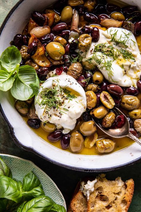 Garlic Herb Roasted Olives with Burrata: herby-salty roasted olives with warm creamy burrata cheese and sweet honey...so simple so delicious! Burrata Recipe, Roasted Olives, Half Baked Harvest Recipes, Burrata Cheese, Whipped Feta, Harvest Recipes, Half Baked, Half Baked Harvest, Garlic Herb