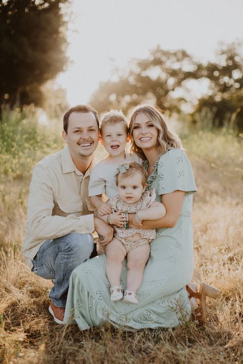 Family Photo Ideas | San Diego lifestye | Navy Grace Sage Green Dress Family Pictures, Sage Dress Family Pictures, Family Photos Four People, Family Pictures Ideas With Kids, Family Photos Of Four, Family Photoshoot White Shirt And Jeans, Flattering Family Photo Poses, Wheat Field Family Photoshoot, Fall Family Photos Sage Green