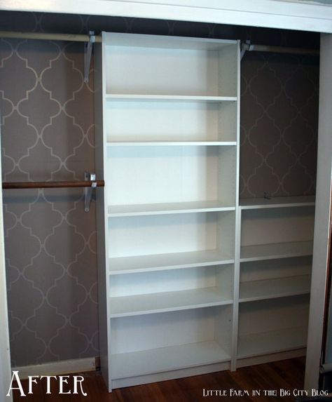 Read the tutorial here. Closet Guest Room, Ikea Closet Hack, Bookcase Closet, Closet Organizing Ideas, Closet Organization Cheap, Ikea Closet Organizer, Cheap Closet, Diy Custom Closet, Bookcase Hack