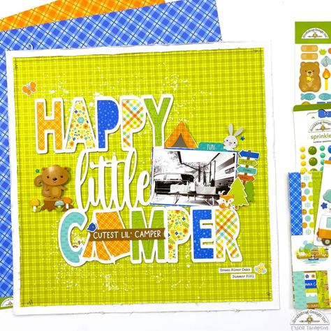 Doodlebug Design Inc Blog: GREAT OUTDOORS HAPPY LITTLE CAMPER LAYOUT | with Erica Camper Layout, Nutty Buddy, Jellystone Park, Doodlebug Design, White Acrylic Paint, Camping Spots, Scrapbook Page Layouts, Scrap Paper, Memory Books