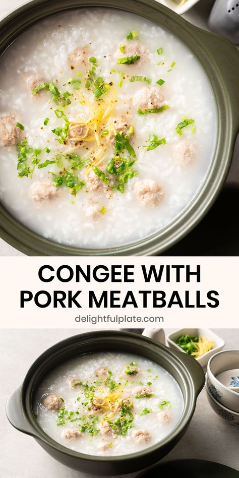 a pot of congee with pork meatballs Pork Congee, Congee Recipes, Congee Recipe Instant Pot, Pork Congee Recipe, Pressure Cooker Congee, Slow Cooker Congee, Congee Recipe Rice Cooker, Vietnamese Rice Porridge, Pork And Century Egg Congee