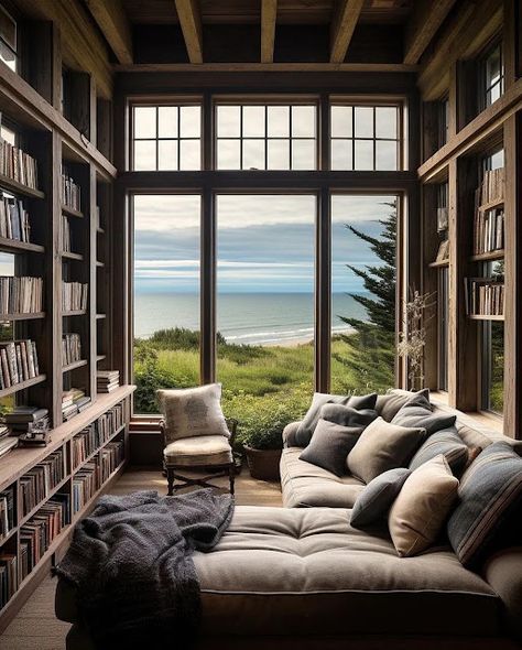 Modern Cottage Homes, Coastal House, Seaside Cottage, Modern Cottage, Dark Interiors, Reading Room, Home Library, Coastal Homes, Cottage Homes