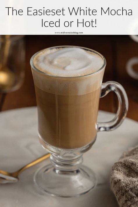 White chocolate, bold coffee, and milk combine in this easy three ingredient white chocolate mocha latte recipe that is great hot or iced. Chocolate Iced Coffee Recipe, White Mocha Latte, Chocolate Latte Recipe, White Chocolate Latte, Mocha Latte Recipe, Iced White Chocolate Mocha, White Chocolate Syrup, Homemade Coffee Drinks, Iced White Mocha