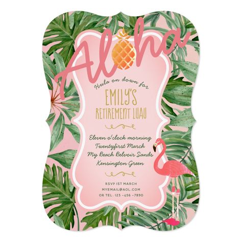 Tropical Pink Retirement Invite Luau FLAMINGO Tropical Sweet 16, Tropical Birthday Invitations, Luau Party Invitations, Pink Graduation, Pink Quinceanera, Pink Sweet 16, Tropical Invitations, Leaf Invitations, Confirmation Invitations