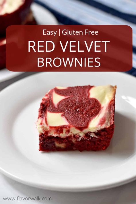 These Gluten Free Red Velvet Brownies are rich, decadent, and impossible to resist. The fudgy brownie bottom is topped with a cream cheese layer swirled together with dollops of brownie batter. They’re a sweet, indulgent, treat. Red Velvet Cookies Gluten Free, Gluten Free Red Velvet Brownies, Vegan Red Velvet Brownies, Chewy Red Velvet Brownies, Dessert Recipes Gluten Free, Gluten Free Fudgy Brownies, Gluten Free Red Velvet Cake, Gluten Free Red Velvet, Gf Deserts