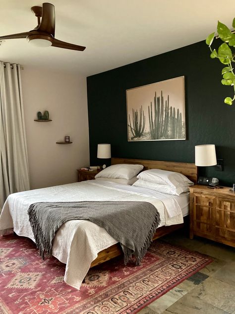 Boho Chic Bedroom Ideas Modern, Spare Bedroom Themes, Dark Southwestern Bedroom, Colorado Inspired Bedroom, Southwest Style Bedroom Ideas, Desert Oasis Bedroom, Desert Bedroom Theme, Desert Guest Bedroom, Dark Western Boho