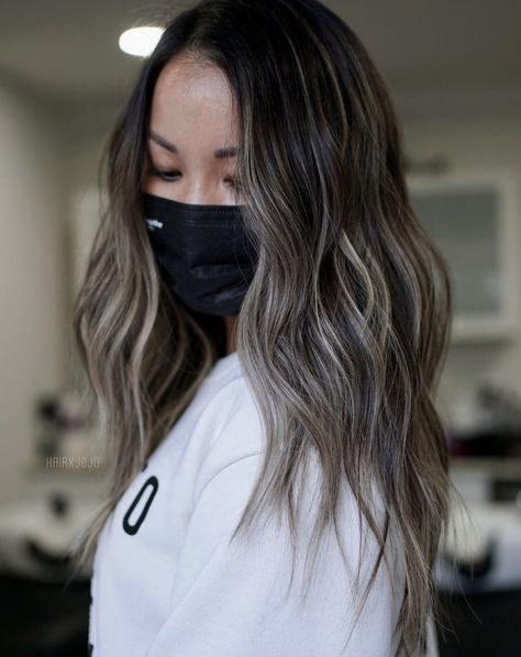 Iced Brunette Hair, Volume Hair Extensions Before And After, Dark Hair Blond Balayage, Black Hair Balayage Asian Straight, Brunette With Ash Blonde Balayage, Balayage For Asian Skin, Dark Brown Hair Balayage Ashy, Ash Blonde Hair On Black Hair, Haircolor Ideas 2022