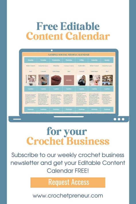 Planning and organizing content is one of the most difficult parts of implementing a social media strategy. Get your hands on our free Editable Content Calendar for Crochet Business when you subscribe to the Crochetpreneur newsletter today! #socialmediamarketing #contentcalendar #socialmediacontent #crochetersofinstagram Crochet Calendar, Crochet Bloggers, Social Media Content Calendar, Etsy Promotion, Content Calendar, Social Media Calendar, Crochet Business, Social Media Strategy, Free Social Media