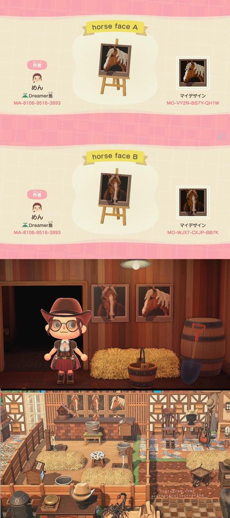 Acnh Farmcore, Horse Stables Design, Motif Acnl, Clothes Codes, Animals Crossing, Ac New Leaf, Animal Crossing Guide, Barn Animals, Horse Stable