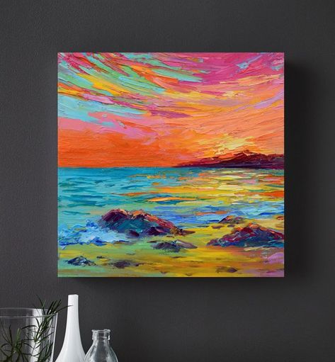 Seascape Painting Original Art 8 by 8 “ Colorful Sunset Art Ocean Coastal Artwork Beach Painting Rock Wall Art Coastal Artwork Beach Paintings, Sunset Art Painting, Colorful Sunset, Canvas Painting Tutorials, Cute Canvas Paintings, Small Artwork, Abstract Art Inspiration, Water Art, Sunset Art