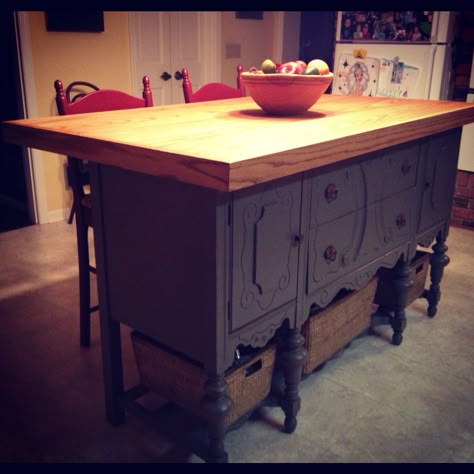 Custom kitchen Island handcrafted from an antique buffet by my husband for my anniversary present. Love that guy! Antebellum Kitchen, Buffet Island Kitchen, Antique Dresser In Dining Room, Buffet Island Ideas, Kitchen Island From Buffet, Buffet Turned Into Kitchen Island, Vintage Dresser Kitchen Island, Kitchen Island Made From Antique Buffet, Kitchen Island Made From Dresser