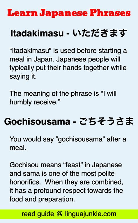 Itadakimasu - いただきます / Gochisousama - ごちそうさま / Learn Japanese Phrases / “Itadakimasu” is used before starting a meal in Japan. Japanese people will typically put their hands together while saying it.  The meaning of the phrase is “I will humbly receive.” / You would say “gochisousama” after a meal.   Gochisou means “feast” in Japanese and sama is one of the most polite honorifics.  When they are combined, it has a profound respect towards the food and preparation. / read guide @ linguajunkie... Itadakimasu Word, Japanese Honorifics, Japanese Writing, Japanese Stuff, Unique Words Definitions, Top Places To Travel, Japanese Language Learning, Japanese Phrases, Hands Together