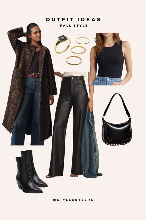 Look fantastic for your weekend concerts with this sexy & strong outfit. (p)Leather pants with a sleek bodysuit tucked in. Sleek black leather boots elongate the leg and create a seamless look. Now cover up with a long, leapard print jacket, grab a studded leather bag, and finish it off with strong, statement jewelry. Don't be surprised if you're pulled backstage! Strong Outfit, Studded Leather Bag, Fall Fits, Studded Leather, Print Jacket, Fall 2024, Black Leather Boots, Statement Jewelry, Leather Boots