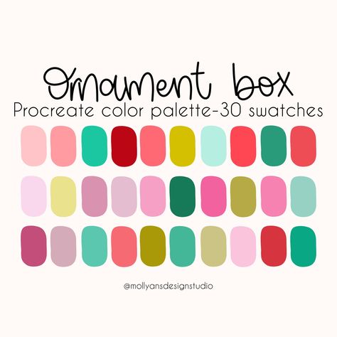 The Ornament Box Procreate Color Palette! Perfect for Christmas, fall, or the holiday season, this Procreate color palette is made from my favorite, handpicked swatches ready for you to enjoy and create with! Ornament Box not only could be used for Christmas inspired digital art, but for those who love deep, boho colors and funky retro aesthetics! Ps...this is the color palette I use most of the time for my own personal works! :) Procreate color palettes are a perfect way to keep cohesive colors organized right at your finger tips while using the Procreate app! After you purchase, you'll download the file from Safari NOT the Etsy app. Once the files are downloaded and you open the file, the palette will automatically import into Procreate! You will find this palette ready to go in your Pro Vintage Holiday Color Palette, Cute Christmas Color Palette, Whoville Color Palette, Colorful Christmas Background, Merry And Bright Color Palette, Colorful Christmas Palette, Grinch Color Palette, Pastel Christmas Palette, Fun Christmas Color Palette