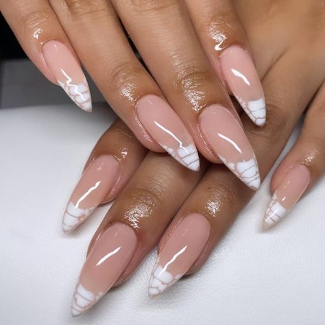 Croc Nails Almond Shape, Almond Nails With Colored French Tip, Almond White Design Nails, Melting French Tip Nails, Different Design French Tip Nails, Gel Nail Designs Medium Length Almond, Crocodile Nails French Tip Almond, Nail Designs On Almond Shape, Croc Print French Tip Nails Almond