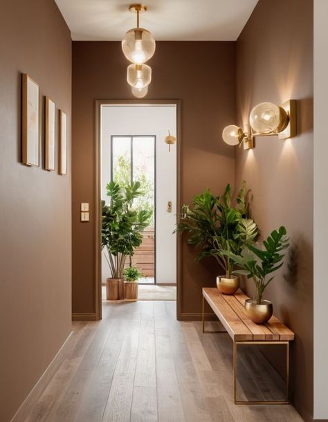 Hallway With Multiple Doors, Moss Green Hallway, Color Drenched Hallway, Olive Green Hallway, Mcm Hallway, Warm Hallway Colour Schemes, Hall Ways Ideas Entrance, Earthy Hallway, Terracotta Hallway