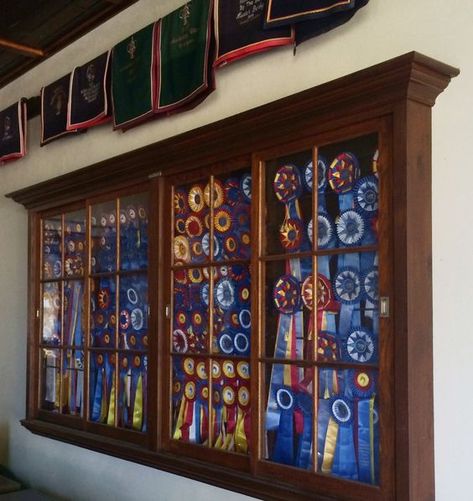 Horse Ribbon Display, Equestrian Properties, Show Ribbon Display, Pool Table Felt, Millbrook Ny, Horse Show Ribbons, Horse Ribbons, Stable Style, Sliding Cabinet Doors