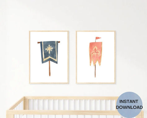 These battle flags watercolor nursery wall art are perfect for your brave little one's medieval nursery. Use as a central piece or even better, paired with other knight prints for the perfect medieval themed nursery or playroom. Medieval Nursery, Princess Knight, Printable Princess, Dragon Nursery, Princess Nursery, Unicorn Nursery, Alphabet Wall Art, Watercolor Nursery, Watercolor Printable