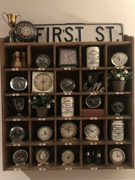 Cubby Organizer, Farmhouse Mantel, Wooden Cubby, Collection Display, Shadow Box Art, Cabinet Of Curiosities, Old Clocks, Alarm Clocks, Front Door Colors