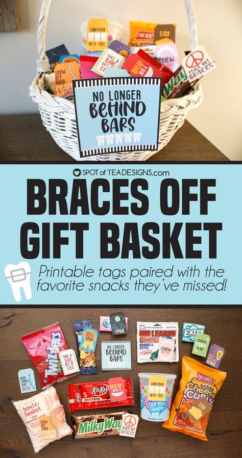 Braces Off Gift Basket - Spot of Tea Designs Braces Off Gift Ideas, Getting Braces Off Gift Basket, Getting Braces Gift Basket, Teacher Appreciation Snack Basket, Braces Gift Basket, Braces Off Party, Braces Off Gift Basket, Tea Basket Gift Ideas, Ice Breakers Gum