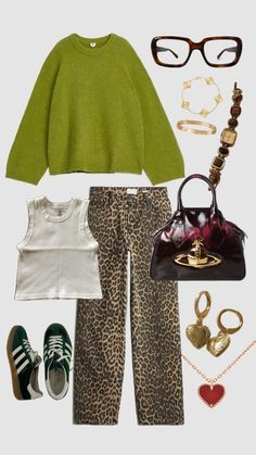 Leopard print jeans Leopard Print And Green Outfit, Leopard Print Winter Outfits, Leapord Jeans Outfits, Green Knitwear Outfit, Green And Leopard Outfit, Cheetah Shoes Outfit, Lime Green Sweater Outfit, Leopard Print Jeans Outfit, Recreation Outfits