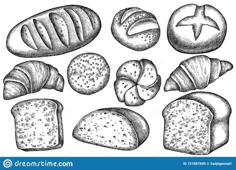 Vector Set Of Hand Drawn Black And White Buns And Bread, Croissants And Bread Stock Vector - Illustration of artwork, donut: 151887695 Bread Black And White, Bread Drawing, Croissant Bread, Bag Illustration, Cash Stuffing, Creative Things, Graphite Drawings, Black Paint, School Ideas