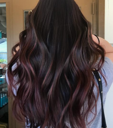 Dark Maroon Hair Burgundy Brunettes, Burgundy Lowlights In Black Hair, Mahagony Highlights On Black Hair, Dark Mahogany Balayage, Dark Hair With Burgundy Balayage, Subtle Burgundy Balayage, Cherry Cola Highlights On Black Hair, Hairdye Ideas For Black Hair, Brown And Maroon Hair