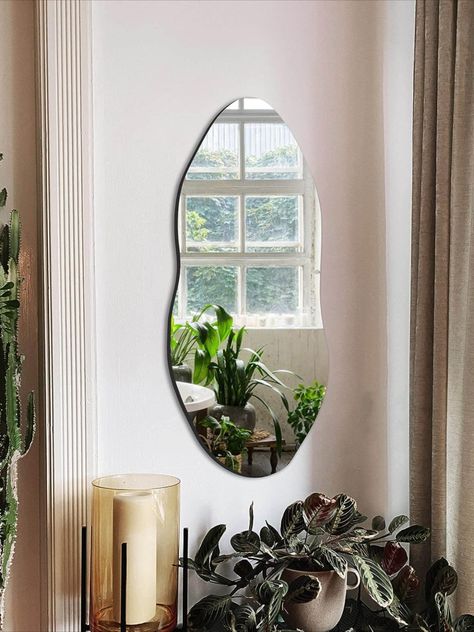 This irregular wall mirror with unique shape can decorate your hallway, living room, bedroom. which can bring a distinctive artistic atmosphere to your space ✨ Asymmetrical Mirror Hallway, Assymetrical Mirror Bedroom, Irregular Mirror Entryway, Frameless Mirror Ideas, Mirrors For Vanity, Inspection Mirrors, Bicycle Mirrors, Wall Entryway, Large Floor Mirror