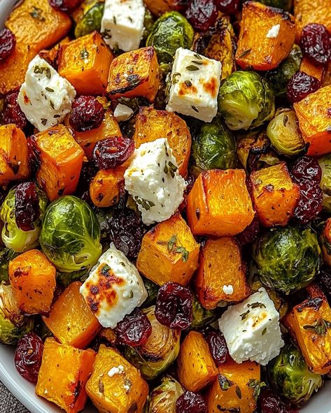 Roasted Fall Vegetables With Cranberries, Cranberry Glazed Roasted Brussel Sprouts, Roasted Butternut Squash Brussel Sprouts Cranberries, Brussel Sprout Squash Cranberry, Cranberry Glaze Roasted Butternut Squash, Veggie Recipes Thanksgiving, Roasted Sweet Potatoes Butternut Squash, Roasted Butternut Squash Brussel Sprouts Goat Cheese, Cranberry Glazed Roasted Butternut Squash Brussels