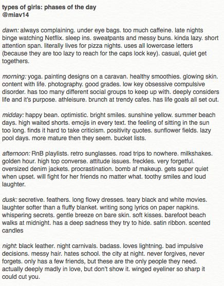 Dawn. Different Types Of People Aesthetic, Types Of Girls Personality, Types Of People Tumblr, Types Of Duos, Types Of Girls Aesthetic, Types Of People Aesthetic, Types Of Aesthetics List, Writing Types, Descriptions Of People