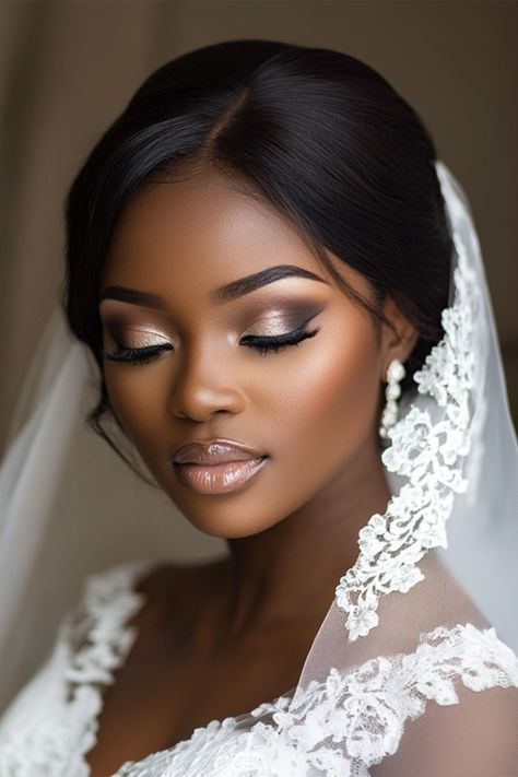 Bride Make Up Ideas Wedding Day, Dark Skin Wedding Makeup, Black Woman Bridal Makeup, Wedding Day Makeup For Bride Brown Eyes, Black Bride Makeup Wedding, White Wedding Makeup, Bridal Makeup Black Women, Wedding Makeup Black Women, Wedding Makeup Natural Glam