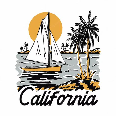 Beach Scene Illustration, California Illustration, Beach Illustration, California City, Saved Pins, Logo Vintage, Vintage Graphic Design, California Beach, Vintage Poster Art