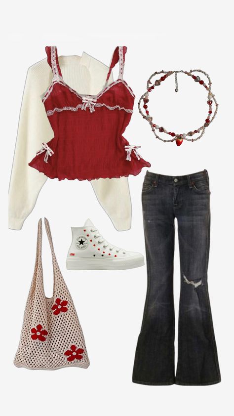 Cute Outfits Strawberry, Cool Cute Outfits, Love Core Fashion, Love Core Outfits, Croquette Aesthetic Outfits, White And Red Outfit, Red And Pink Outfit, Polyvore Outfits Aesthetic, Fashion Designer Outfits