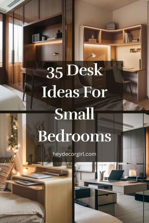 Discover stylish and space-saving desk ideas for small bedrooms! From sleek minimalist designs to multifunctional pieces, these desks will help you create the perfect workspace without taking up too much room. Whether you’re studying, working from home, or just need a cozy spot to stay organized, these smart solutions will maximize your space and elevate your bedroom decor. Small Bedroom Desk Ideas Aesthetic, Bedroom With Writing Desk, Work Space In Bedroom Desk Areas, Multifunctional Bedroom Ideas, Master With Desk, Bedroom Desk With Shelves, Desk Next To Bed Ideas Small Bedrooms, Desk For Bedroom Ideas, Spare Bedroom With Desk