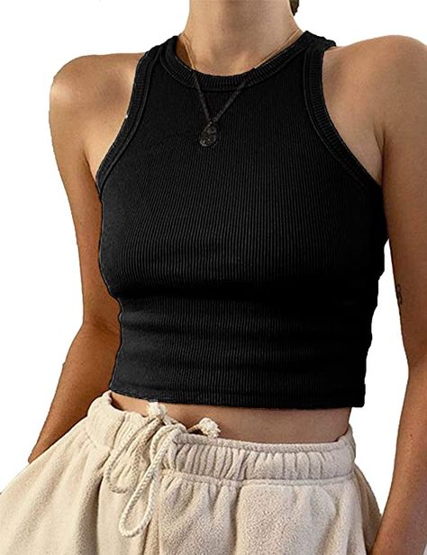 Black Cropped Tank, Solid Tank Tops, Tank Top Outfits, Cropped Vest, Sport Tank Tops, Crop Top Outfits, Crop Tank Top, Ribbed Tank Tops, Casual Tank Tops