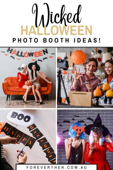 Collage of Halloween photo booth ideas. Text overlay: Wicked Halloween photo booth ideas! Photo Booth For Halloween, Halloween Picture Backdrop Diy, Booth Theme Ideas, Halloween Decorations Photo Booth, Halloween Birthday Photo Booth, Fall Photo Booth Ideas Diy, Photo Booth Halloween, Diy Halloween Photo Booth Props, Diy Halloween Photo Booth