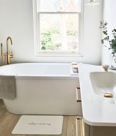 Indulge in luxury with one of our beautiful stone bath mats!🌿🛀 Feel the comfort of its 100% natural & hygienic material that's anti-mould, anti-bacterial, odour-free & incredibly absorbent. Designed to look modern & sophisticated. 🛁 Free UK shipping over £50. 📦 Vaulted Ceiling Beams, Exposed Trusses, Exposed Beams Ceiling, Exposed Ceilings, Stone Bath Mat, Farmhouse Bathroom Design, Exposed Rafters, Karndean Flooring, Loft Bathroom