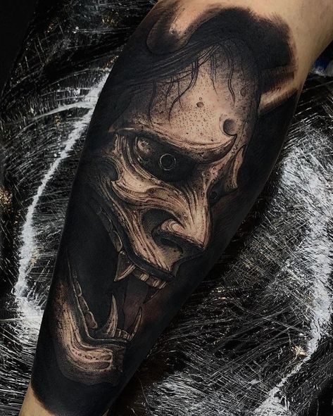 Hannya Maske Tattoo, Hannya Maske, Japanese Demon Tattoo, Japanese Mask Tattoo, Oni Mask Tattoo, Oni Tattoo, Hannya Mask Tattoo, Black And Grey Tattoo, Ansan